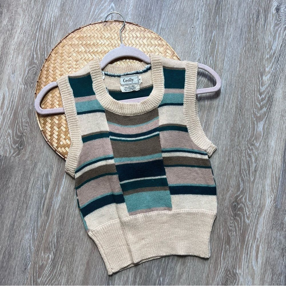 Vintage Cream Striped Knit Sweater Vest with Teal and Brown Accents